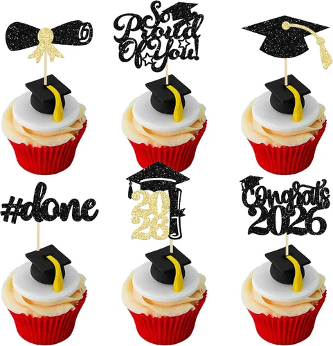 Vista 18 de Gyufise 24 piezas Adornos para pastel de graduación 2026 con purpurina negra, clase de 2026, adornos para magdalenas con gorra de graduación