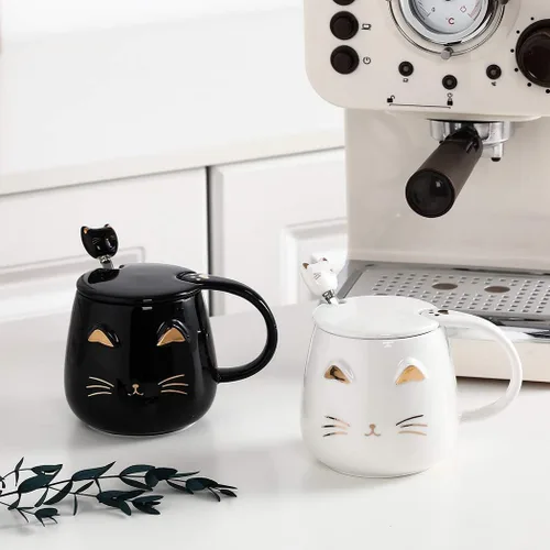 Vista 5 de Yuwu Taza de café con diseño de gato, regalo para los amantes de los gatos, taza de cerámica, taza novedosa con tapa y cuchara de acero inoxidable