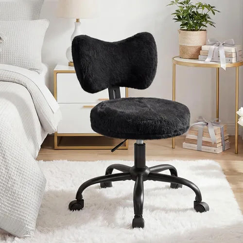 Vista 7 de Homkdom Silla de tocador con ruedas, bonita silla de escritorio con respaldo de lazo, silla de oficina pequeña de piel de conejo sintética esponjosa