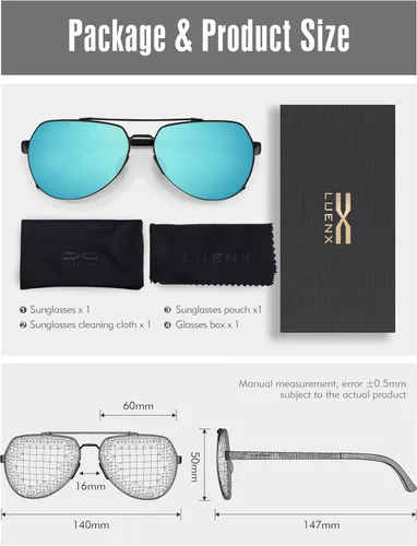 Vista 6 de LUENX Lentes de sol de aviador para hombres y mujeres, polarizados, marco de metal grande, protección UV 400