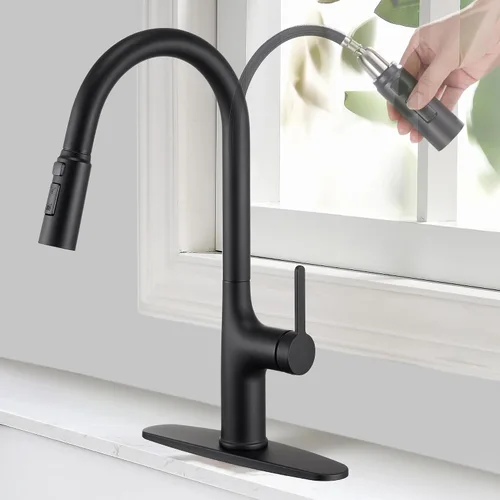 Vista 9 de Grifos de cocina, grifo de cocina negro y dorado con rociador extraíble, grifo de fregadero de cocina de acero inoxidable de arco alto, grifo