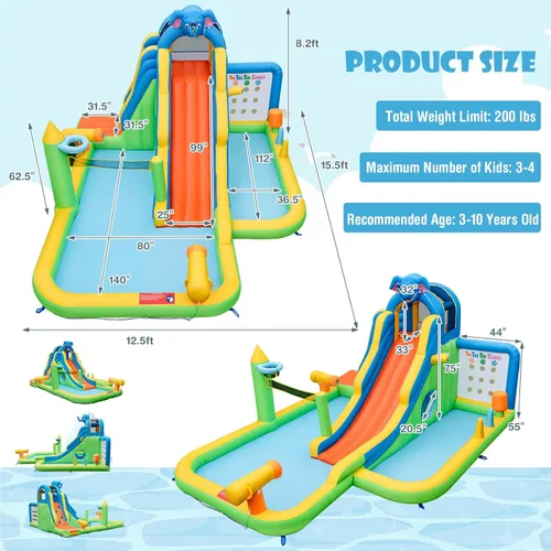 Vista 8 de HONEY JOY Tobogán acuático inflable, tobogán acuático de elefante 9 en 1 para patio trasero de niños, piscina de chapoteo, punta de tac, pared