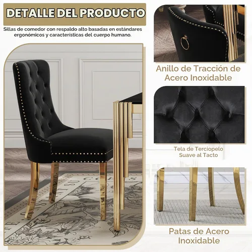 Vista 5 de Juego de mesa de comedor de cristal de 5 piezas para 4, mesa de cocina cuadrada de 37 pulgadas con 4 sillas tapizadas de terciopelo negro, mesa