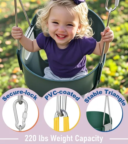 Vista 3 de little dove Cubo completo de respaldo alto, columpio para niños pequeños con cadenas revestidas y protección triangular de inmersión para mayor Verde