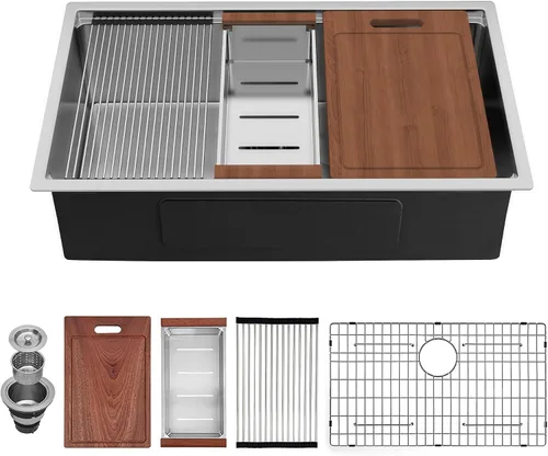 Vista 11 de Fregadero de cocina moderno con estación de trabajo de calibre 18 de 30 pulgadas, fregadero de cocina R10 de acero inoxidable de radio ajustado