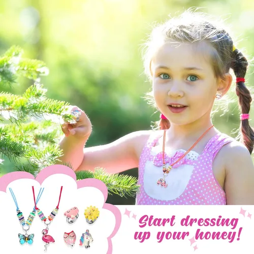 Vista 6 de Juego de 70 piezas de joyería para niños, pulseras ajustables de la amistad de sirena, unicornio, collares, anillos, aretes, colgante tejido