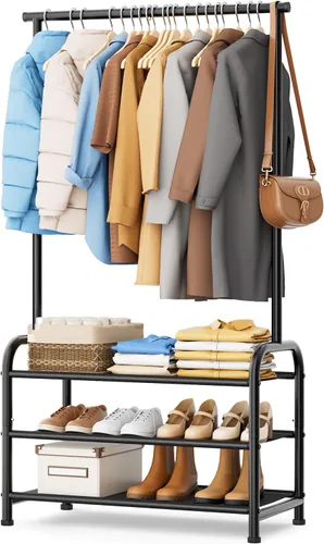 Vista 3 de MISSLO Perchero resistente con ruedas y estantes para colgar ropa con 3 estantes