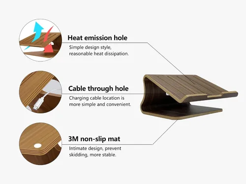 Vista 2 de Soporte de madera para laptop, soporte para laptop, soporte de madera para computadora portátil, soporte de madera para computadora de escritorio