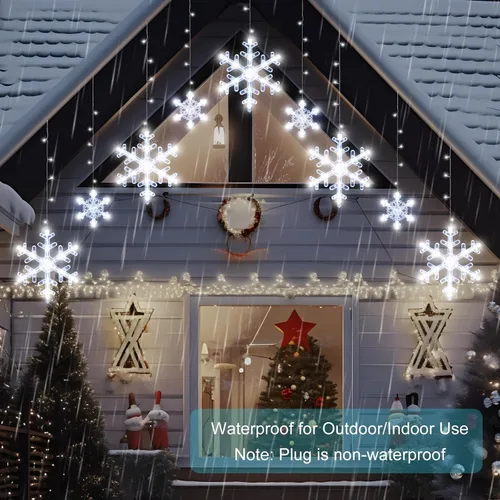 Vista 6 de LYUBASA Luces de copo de nieve de Navidad para decoración, 1.6 m, control remoto y temporizador, 8 modos de luz con alimentación por batería, 112