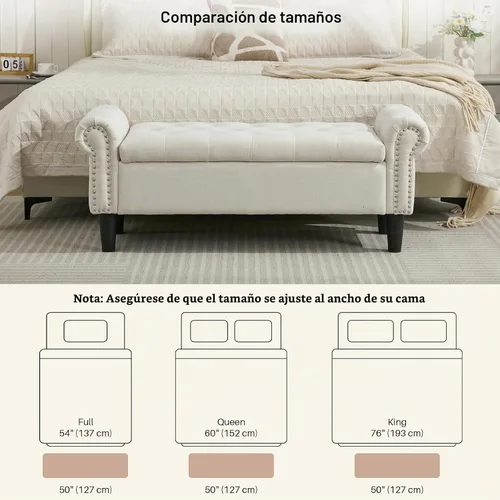 Vista 3 de SOFTHION Banco de almacenamiento de 50 pulgadas para dormitorio, tapizado de lino, beige