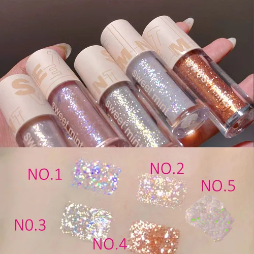 Vista 2 de Aolailiya Juego de 5 sombras de ojos con purpurina líquida, brillo metálico brillante de alta pigmentación, maquillaje de cristales coreanos, secado