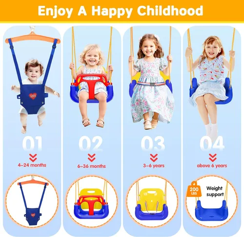 Vista 5 de Juego de columpio 4 en 1 para niños pequeños y jersey para bebé, columpio resistente para niños con rebotador, soporte plegable de metal