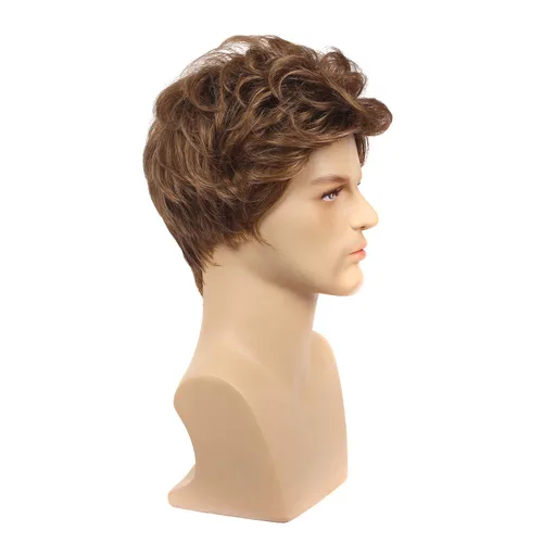 Vista 5 de Kaneles Peluca corta para hombre, pelo natural, sintético, peluca completa (marrón)