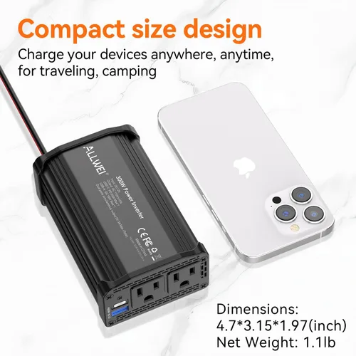 Vista 6 de ALLWEI - Inversor de corriente de 300 W, adaptador de toma de corriente con enchufe para coche, CC 12 V a CA 110 V, con cargador rápido USB-C PD