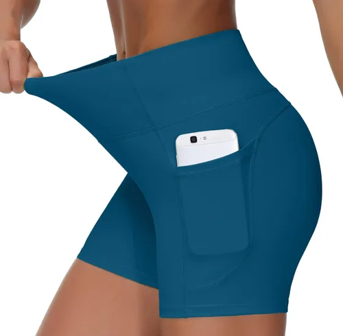 Vista 2 de THE GYM PEOPLE - Pantalones cortos de yoga para mujer, con cintura alta, control de abdomen y bolsillos profundos, para gimnasia, entrenamiento