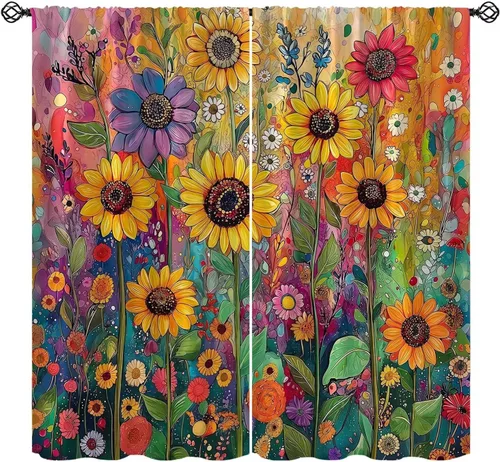 Vista 12 de Sunflower Curtains for Living Room Bedroom, Spring Nature Blue Sky and Butterfly Window Drapes, Rustic Wooden Fence Floral Botanical Decor, 2 Panels