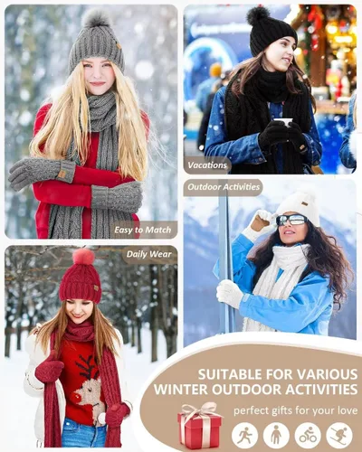 Vista 7 de Conjunto de gorro y bufanda para mujer, gorro de invierno con forro polar con pompones, bufanda de punto larga, guantes para pantalla táctil