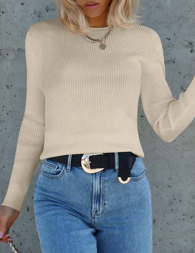 Vista 2 de ZESICA Camisetas de manga larga con cuello redondo para mujer, para otoño, de punto acanalado, ajustadas, casuales, color sólido, básicas