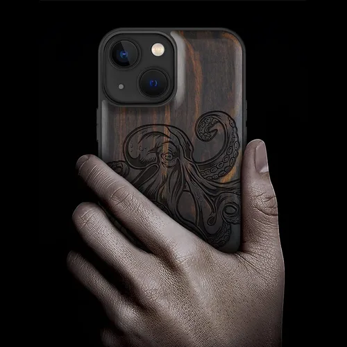 Vista 2 de Carveit Funda magnética de madera para iPhone 13 Mini [madera natural y TPU suave negro] funda protectora de madera única y elegante a prueba