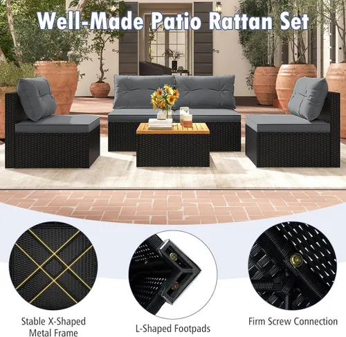 Vista 8 de RELAX4LIFE Muebles de mimbre para exteriores de 5 piezas, juego de conversación seccional de ratán PE con 4 sofás sin brazos y mesa de centro de Gris