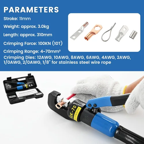 Vista 3 de Herramienta de Crimpado Hidráulico de 10 Toneladas - Kit de Crimpado de Cables de Batería y Terminales de 12 AWG a 2/0 AWG con 9 Pares de Troqueles