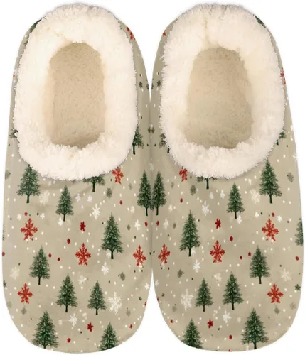 Vista 12 de Pantuflas mullidas antideslizantes para mujer con forro esponjoso, acogedoras pantuflas de dormitorio para mujer Abstract Red Snowflake Pine Trees
