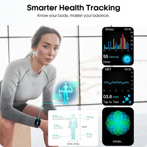 Vista 4 de Reloj inteligente para hombres y mujeres con llamadas Bluetooth, presión arterial, frecuencia cardíaca, oxígeno en sangre, estrés, HRV, monitor