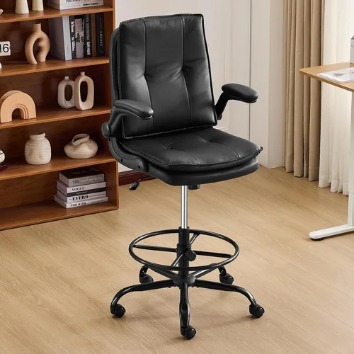 Vista 11 de Karlhome - Silla ergonómica de dibujo con soporte lumbar y reposabrazos abatibles, silla de oficina giratoria alta con anillo reposapiés de altura