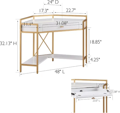 Vista 3 de Leick Home 9230-WTGL Claudette - Escritorio de oficina con esquina de metal y madera mixta con cajón frontal para teclado, blanco/dorado satinado