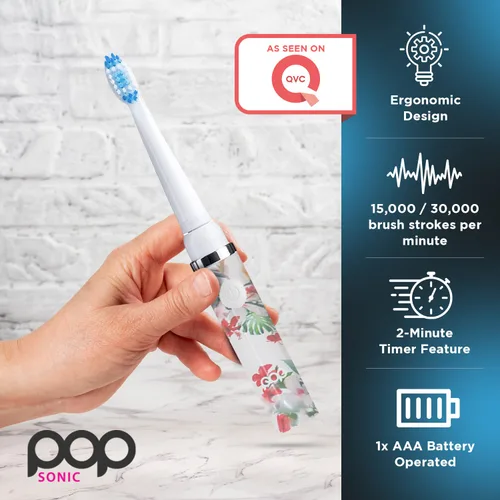 Vista 4 de Cepillo de dientes eléctrico Pop Sonic (floral blanco) Paquete de 2 cepillos de dientes de viaje con batería AAA Cepillos de dientes eléctricos