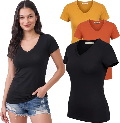 Vista 206 de Emmalise Camiseta de manga corta para mujer, cuello en V, tallas junior y plus
