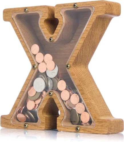 Vista 22 de Alcancía de madera personalizada con letra para niños, niñas y adultos, bancos de monedas de madera de roble duradero, 3 tamaños para elegir