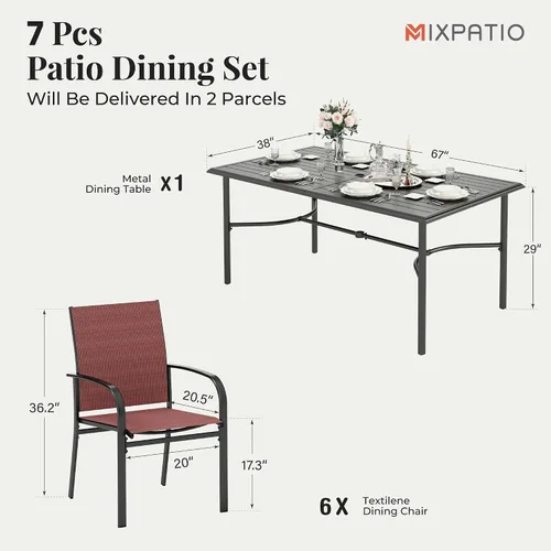 Vista 6 de MIXPATIO Juego de comedor de 7 piezas para exteriores, 6 sillas rojas de textileno y mesa rectangular de acero con agujero para parasol de 1,97