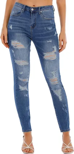 Vista 7 de AMCLOS Pantalones cortos de mezclilla casuales para mujer cintura alta elástica con agujeros rasgados desgastados con bolsillos