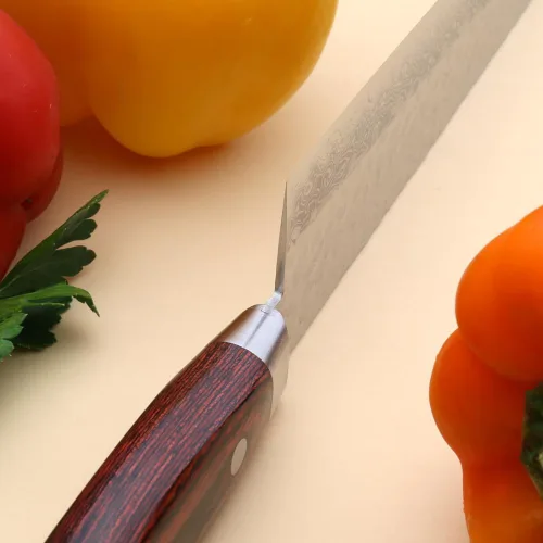 Vista 8 de Yoshihiro VG10 Cuchillo de chef japonés Gyuto de Damasco martillado de 16 capas (7'' (180mm))