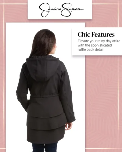Vista 6 de Jessica Simpson Chaqueta impermeable Softshell resistente al agua, con volantes en la espalda, chaqueta larga con capucha para mujer, S-XL