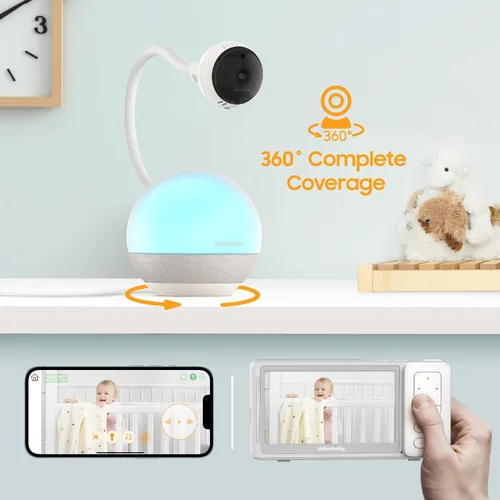 Vista 2 de CHILLAX Baby Monitor Baby Mood Plus, cámara HD 1080p de 5 pulgadas, monitor de bebé Wi-Fi, con entrenador de sueño y luz de estado de ánimo, cuello