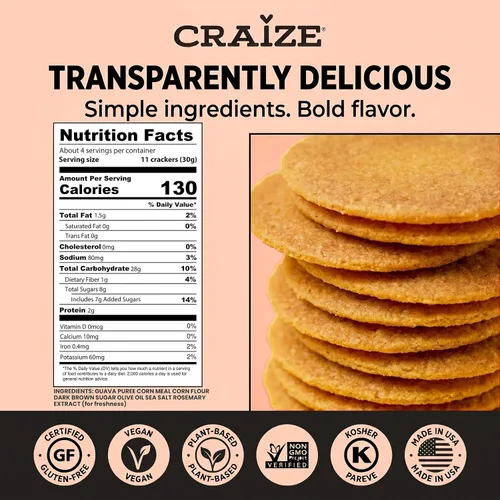Vista 2 de Craize Guava Crisps Galletas de maíz tostadas sin gluten, veganas, kosher, paquete de 6, 4 onzas cada una