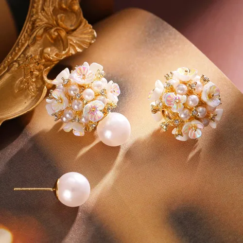 Vista 8 de Aretes de bola de flor de perlas, aretes de bola blanca para mujeres y niñas, Zinc, Perla