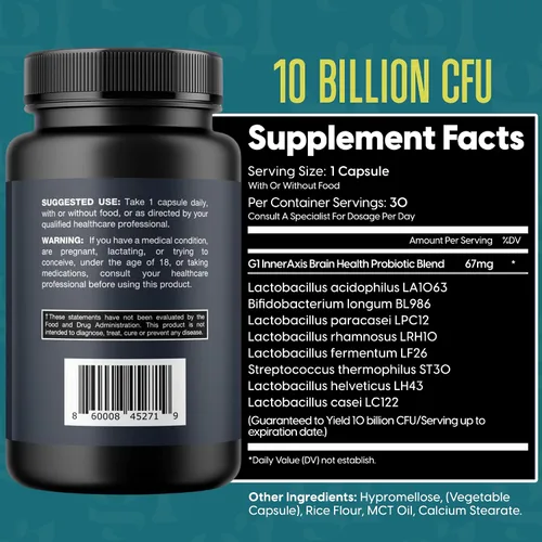 Vista 2 de InnerAxis - Probiótico 2 en 1 para la salud cerebral e intestinal, 10 mil millones de UFC, 8 cepas simbióticas para el intestino, psicobiótico