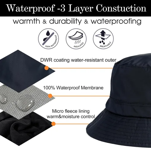 Vista 4 de Sombrero de pescador de invierno de gran tamaño XL XXL para hombre, impermeable, con forro polar, senderismo, pesca, al aire libre, clima frío