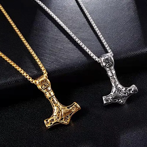 Vista 4 de Collar de martillo de Thor vikingo, collar con colgante de amuleto nórdico Mjolnir, joyería de símbolo pagano celta Oro