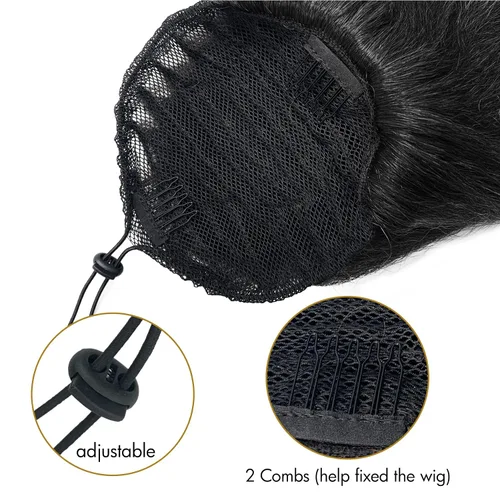 Vista 4 de Cola de caballo recta Yaki de 12 pulgadas con cordón para mujeres negras, sintética, gruesa, recta, longitud del hombro, extensión de cola