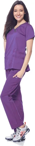 Vista 3 de Dagacci Medical Uniform® Conjunto de ropa quirúrgica para mujer – Conjunto de camisa y pantalones de contraste elástico natural para mujer – 9 Egg