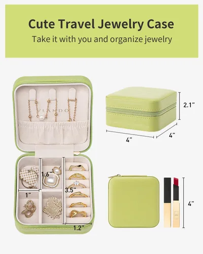 Vista 4 de Vlando Pequeño organizador de joyero de viaje Anillo de regalo para mujer, aretes, collares, vitrina de almacenamiento para niñas, color verde