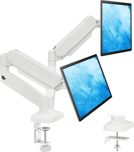 Vista 11 de MOUNTUP Soporte de monitor doble para escritorio, brazos de monitor para 2 monitores de 32, 27, 24, 22 pulgadas, soporte de monitor doble ajustable