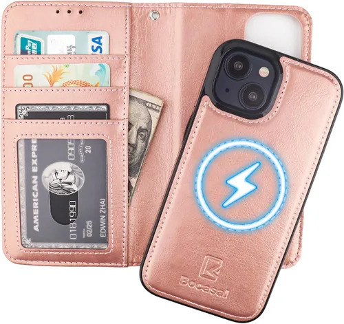 Vista 10 de Bocasal Funda tipo cartera desmontable para iPhone 15 con bloqueo RFID, ranuras para tarjetas, soporte de cuero PU premium, soporte magnético tipo