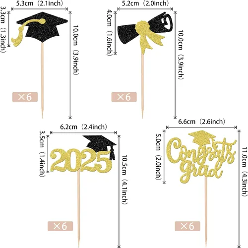 Vista 2 de 24 piezas 2025 decoraciones para cupcakes de graduación 2025 con purpurina contratos graduados diploma de graduación clase de 2025, selecciones
