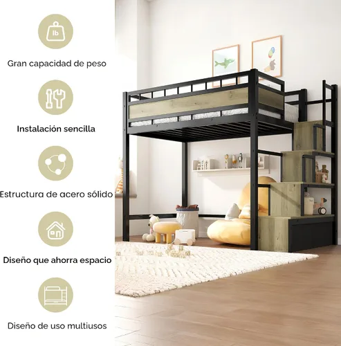 Vista 4 de soges Cama tipo loft con escaleras, cama alta de metal con cajones de almacenamiento, ideal para dormitorios, apartamentos, habitaciones de niños