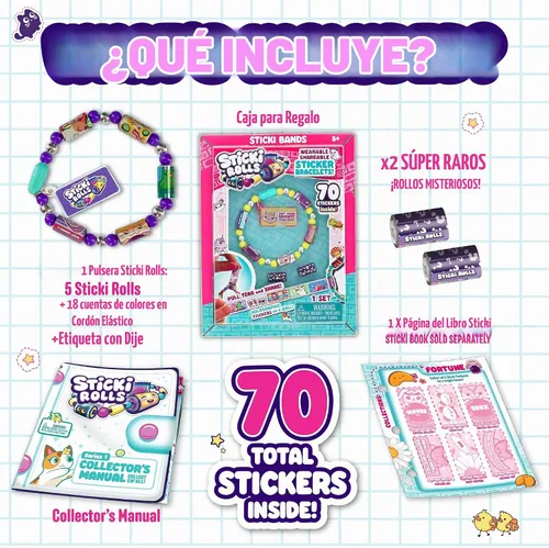 Vista 5 de Rollos de calcomanías Sticki - Pulsera de juguete de calcomanías portátil y compartible Incluye 70 calcomanías mini 2 rollos Sticki